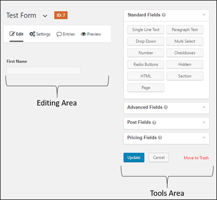 Edit Form Screen Editing Area vs Tools Area
